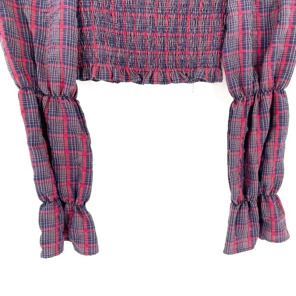 ZARA Plaid Cropped Long Sleeve Blouse Top - Picture 4 of 6
